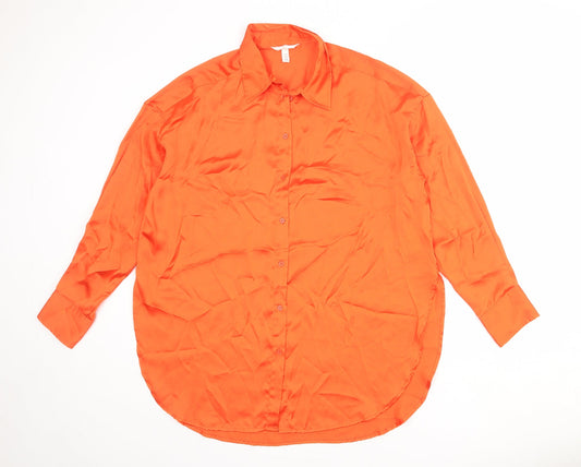 H&M Womens Orange Polyester Basic Button-Up Size S Collared