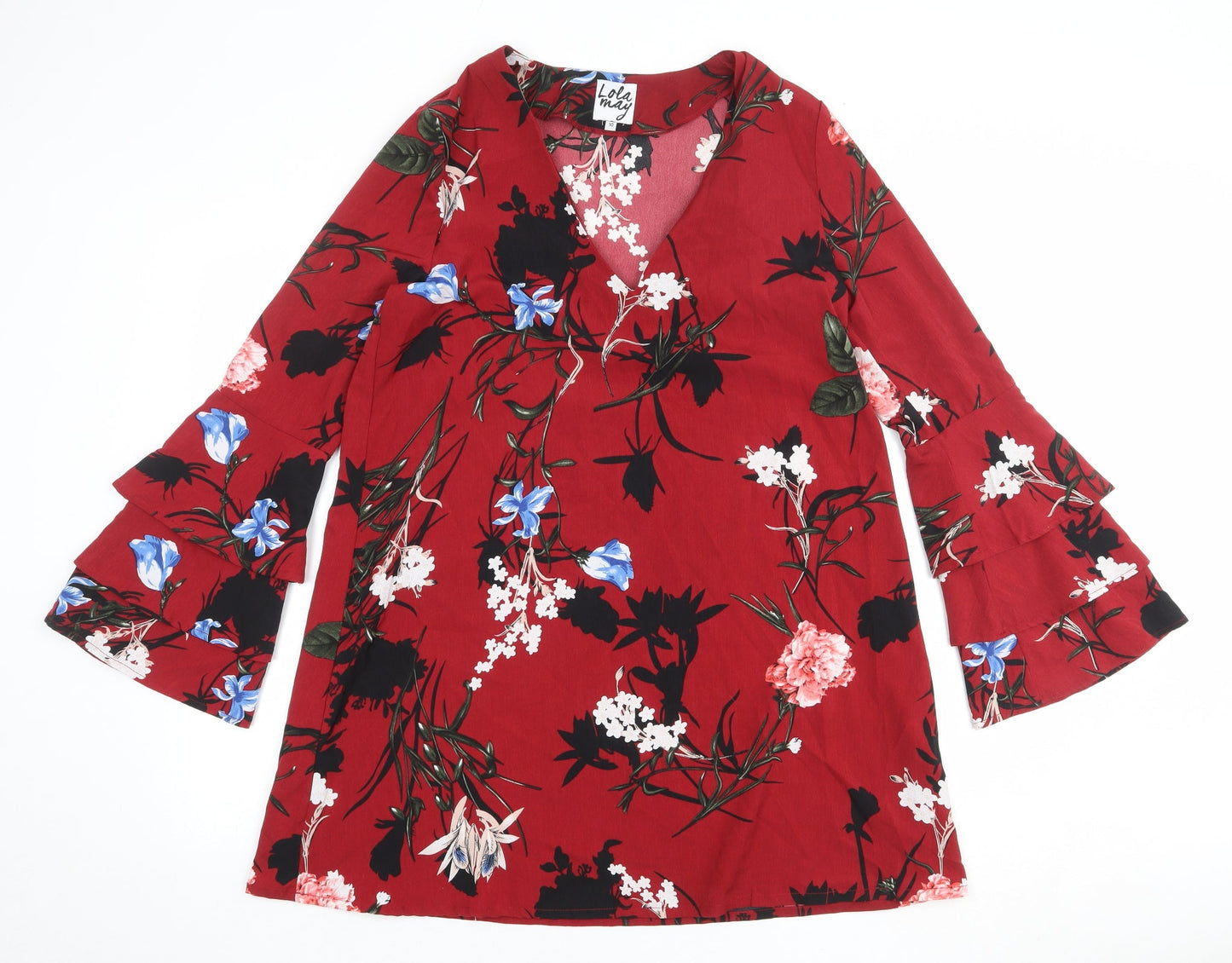 Lola May Womens Red Floral Polyester Trapeze & Swing Size 10 V-Neck Pullover