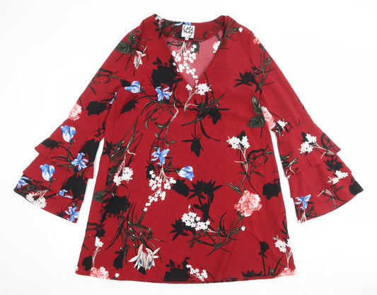 Lola May Womens Red Floral Polyester Trapeze & Swing Size 10 V-Neck Pullover
