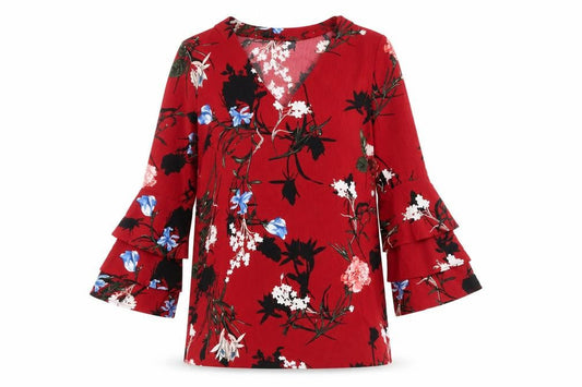 Lola May Womens Red Floral Polyester Trapeze & Swing Size 10 V-Neck Pullover