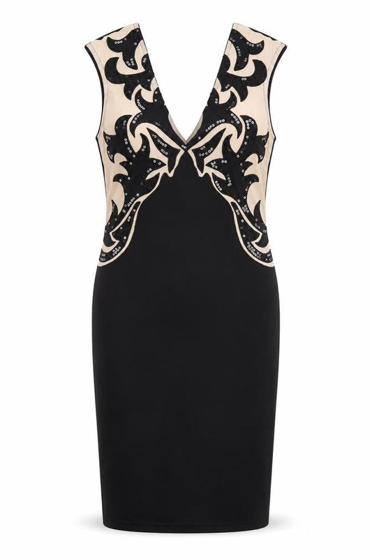 Lipsy Womens Black Geometric Polyester Pencil Dress Size 12 V-Neck Pullover - Plunging Neckline