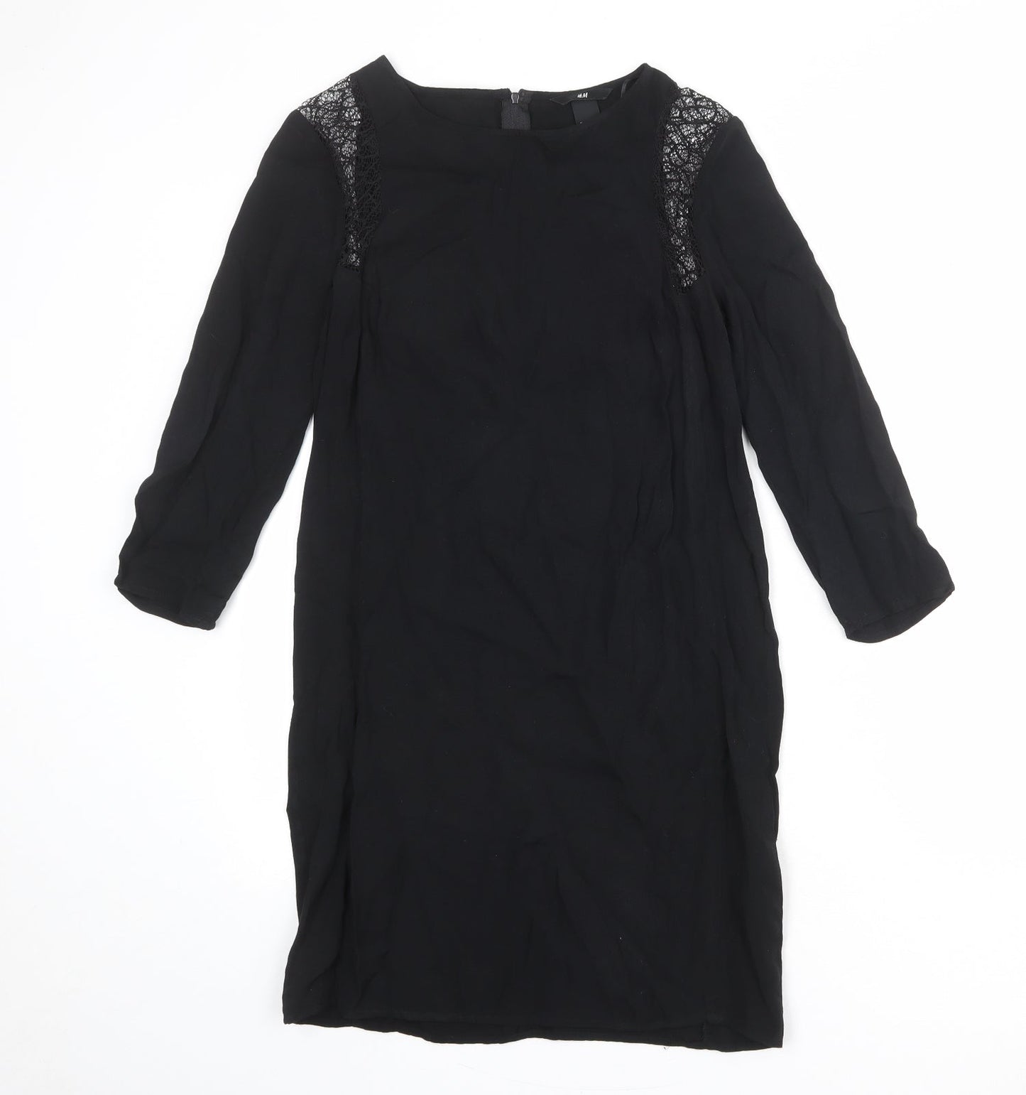 H&M Womens Black Viscose Sheath Size 8 Boat Neck Zip - Lace Detail
