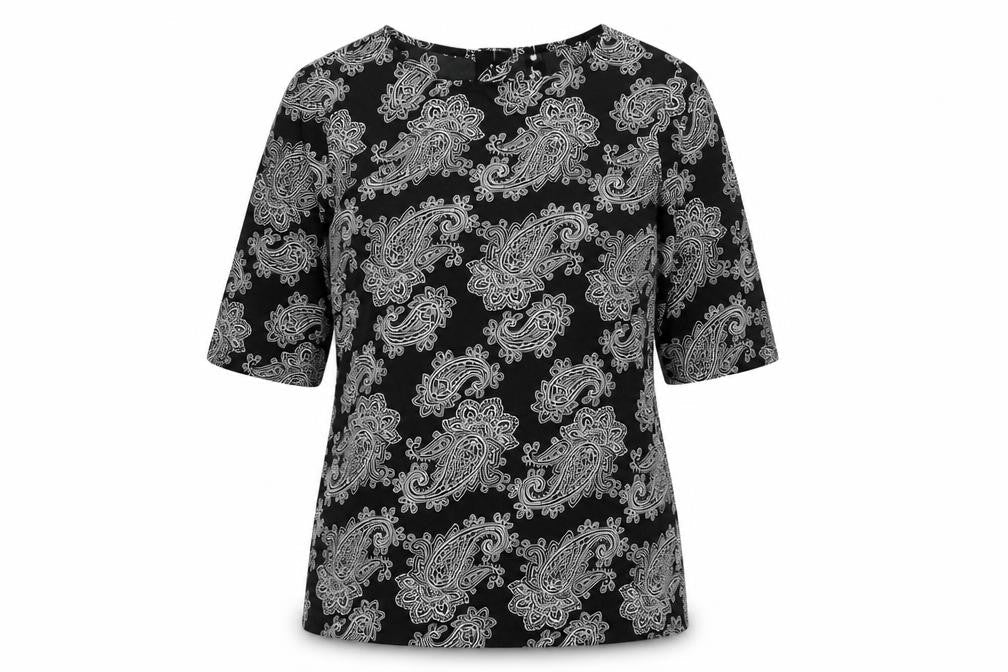Influence Womens Black Paisley Polyester Basic T-Shirt Size 10 Round Neck