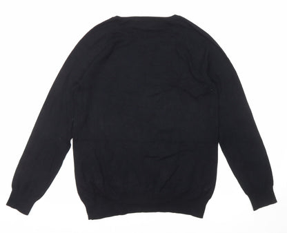Back view of Dunnes women’s black round neck viscose jumper, size M