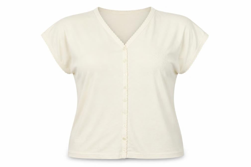 EWM Womens Beige Polyester Basic Button-Up Size 14 V-Neck