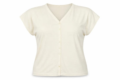 EWM Womens Beige Polyester Basic Button-Up Size 14 V-Neck