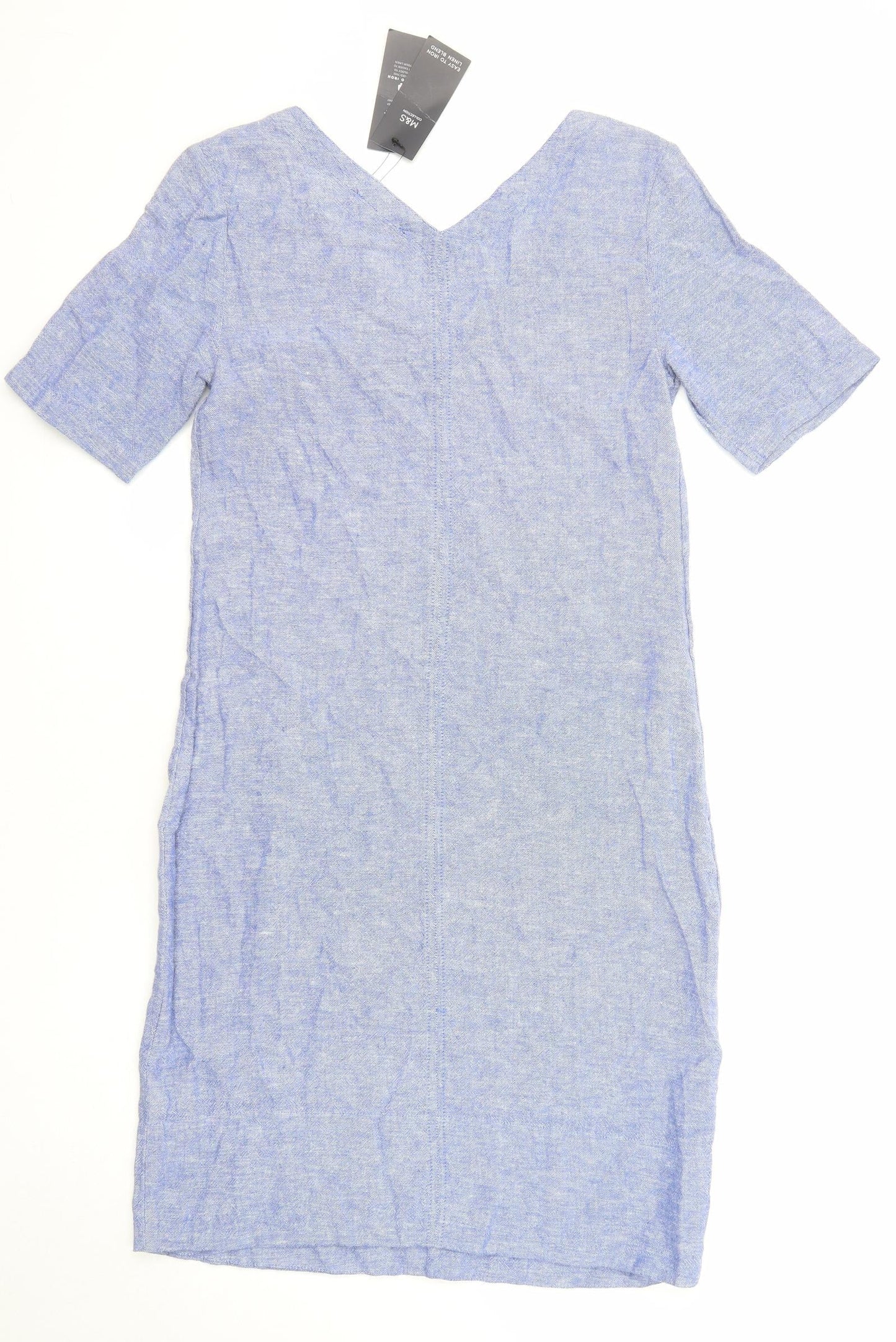 Marks and Spencer Womens Blue Linen Pencil Dress Size 6 V-Neck Pullover