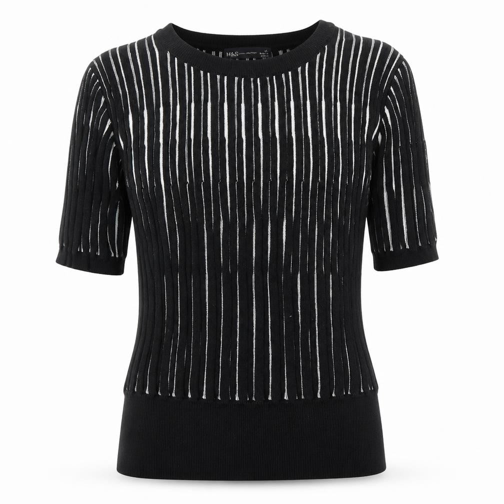 Marks & Spencer Womens Black Round Neck Striped Viscose Pullover Jumper Size 12