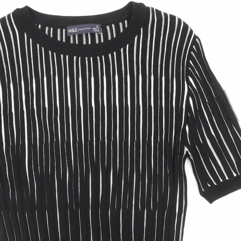 Marks and Spencer Womens Black Round Neck Striped Viscose Pullover Jumper Size 12