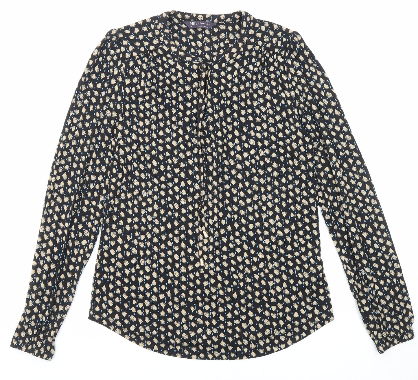 Marks and Spencer Womens Black Geometric Viscose Basic Blouse Size 6 Round Neck
