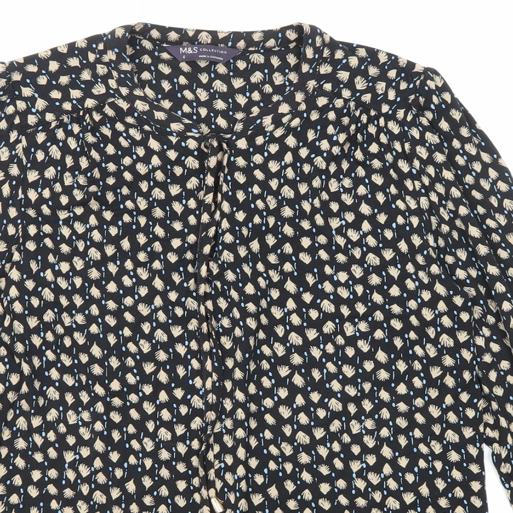 Marks and Spencer Womens Black Geometric Viscose Basic Blouse Size 6 Round Neck