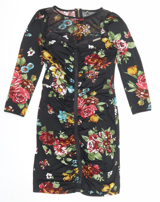 Favori Womens Black Floral Polyester Bodycon Size 8 Boat Neck Zip - Mesh Panel