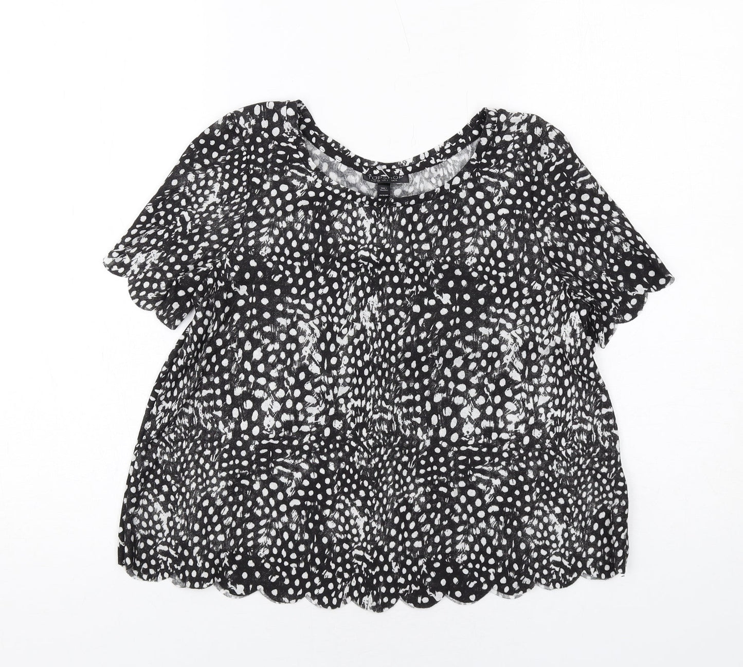 Topshop Womens Black Animal Print Polyester Basic Blouse Size 6 Round Neck