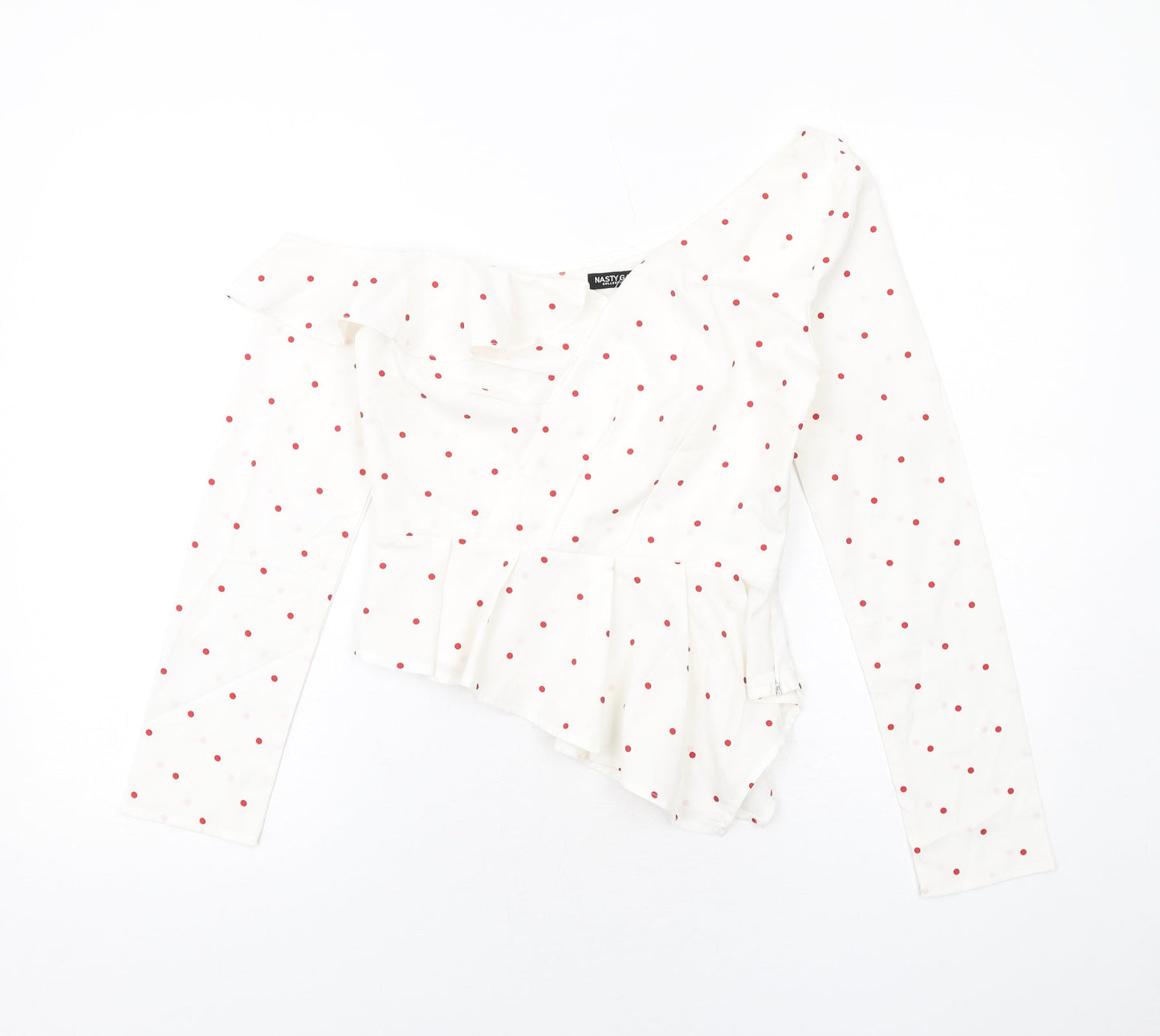 Nasty Gal Womens White Polka Dot Polyester Basic Blouse Size 8 Off the Shoulder - Asymmetric Neckline