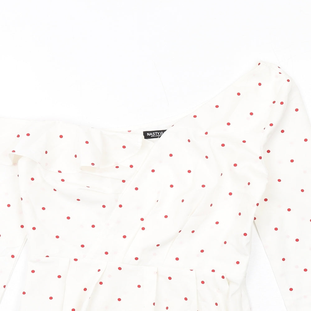 Nasty Gal Womens White Polka Dot Polyester Basic Blouse Size 8 Off the Shoulder - Asymmetric Neckline