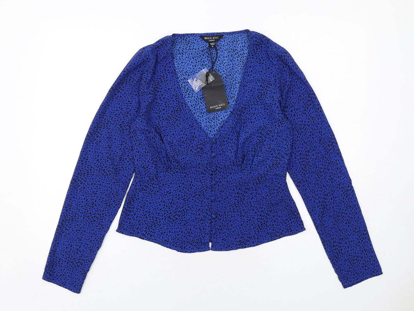 Brave Soul Womens Blue Geometric Polyester Basic Blouse Size M V-Neck