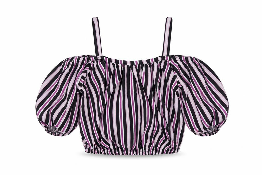 M&Co Girls Black Striped Polyester Cropped Blouse Size 9 Years Round Neck Pullover - Cold Shoulder