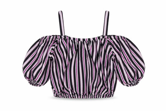 M&Co Girls Black Striped Polyester Cropped Blouse Size 9 Years Round Neck Pullover - Cold Shoulder