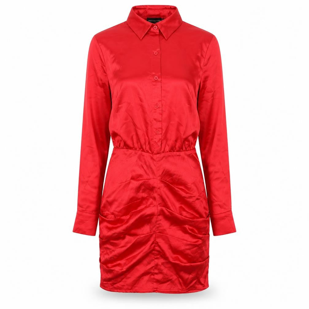 PRETTYLITTLETHING Womens Red Polyester Shirt Dress Size 8 Collared Button