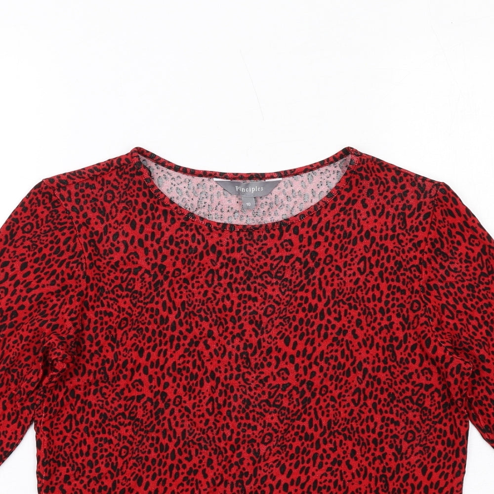 Principles Womens Red Animal Print Viscose Basic T-Shirt Size 10 Round Neck - Leopard Print