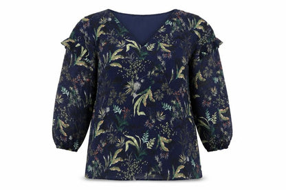 Front view of ESPRIT women’s blue geometric polyester basic blouse, size UK 10, v-neck