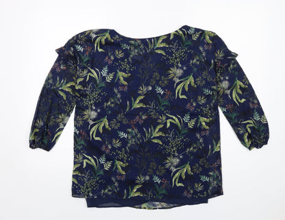 Back view of ESPRIT women’s blue geometric polyester basic blouse, size UK 10, v-neck