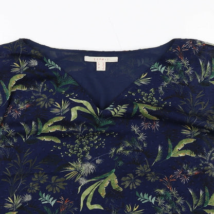 Close-up detail of ESPRIT women’s blue geometric polyester basic blouse, size UK 10, v-neck