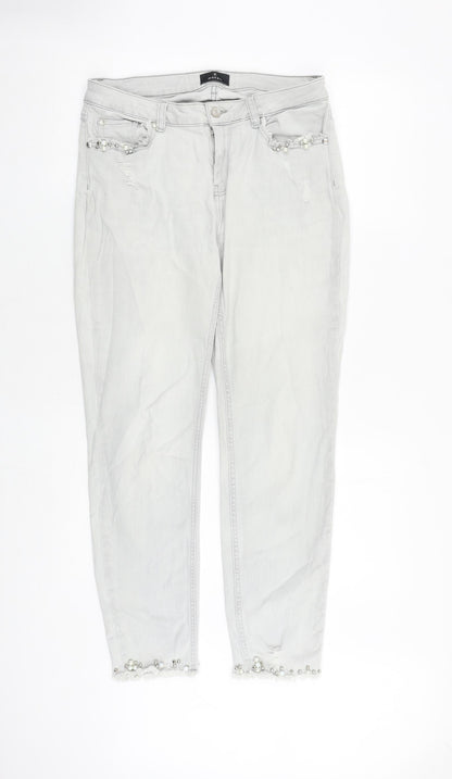 Additional front view of monari women’s grey cotton mom jeans, size UK 30, in regular zip