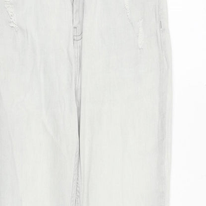 Close-up detail of monari women’s grey cotton mom jeans, size UK 30, in regular zip