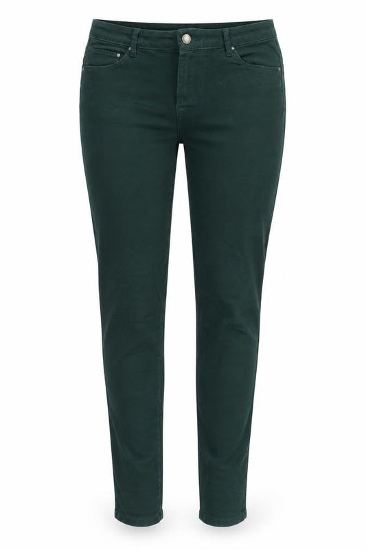 Front view of Denim & Co. women’s green cotton skinny jeans, size UK 8, 29-inch leg regular zip