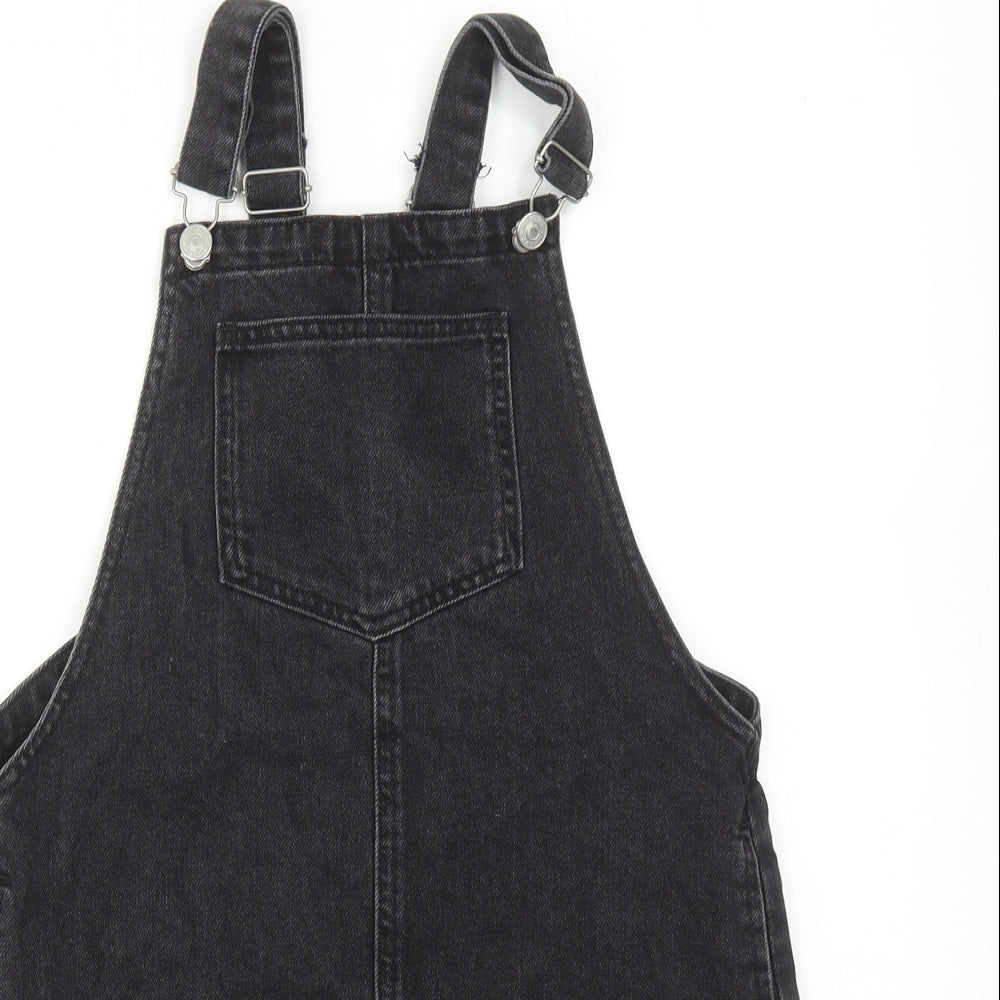 Topshop Womens Black Cotton Pinafore/Dungaree Dress Size 8 Square Neck Buckle