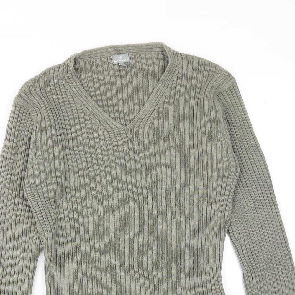 NAF NAF Womens Green V-Neck Cotton Pullover Jumper Size L