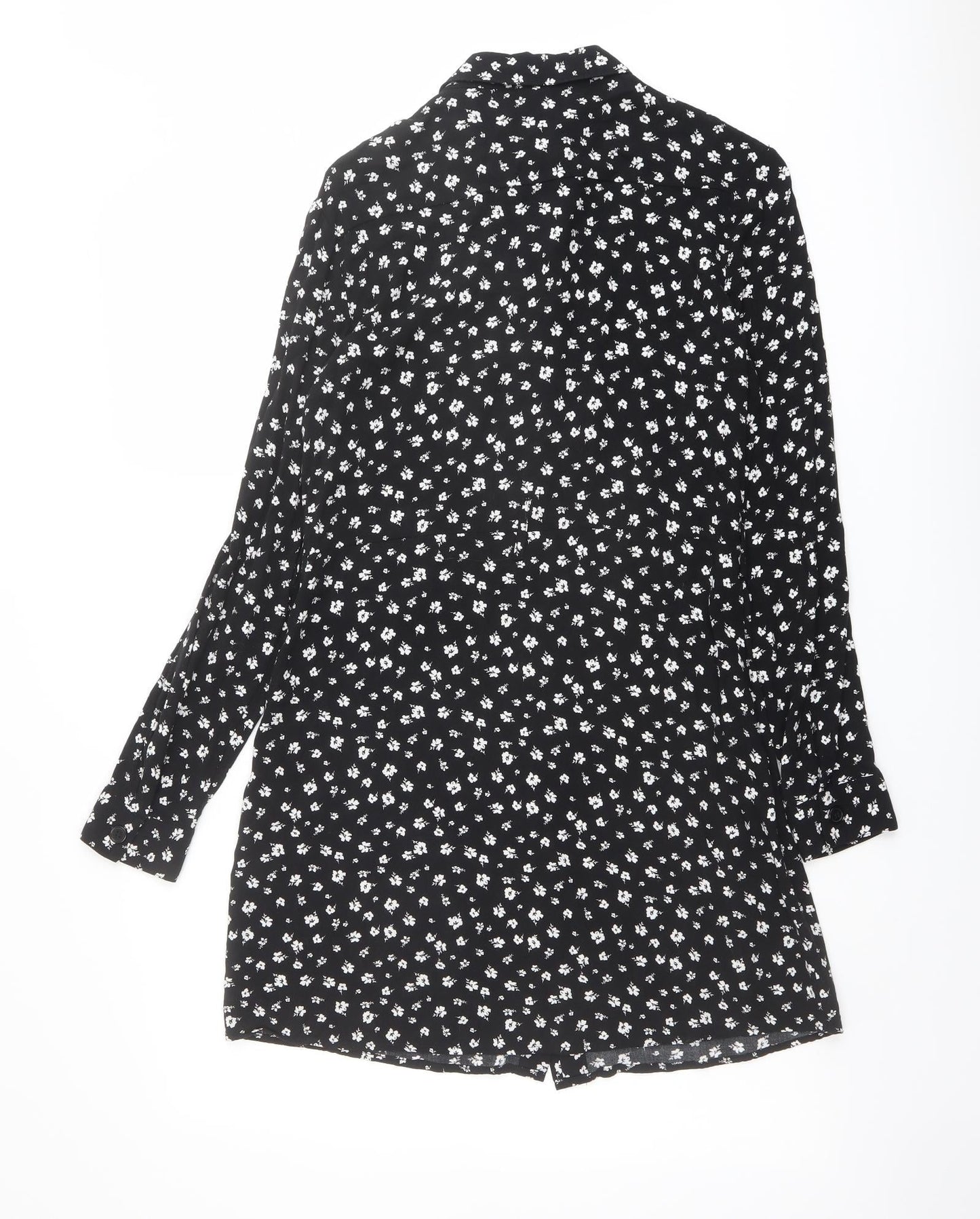 H&M Womens Black Floral Viscose Shirt Dress Size 8 Collared Button