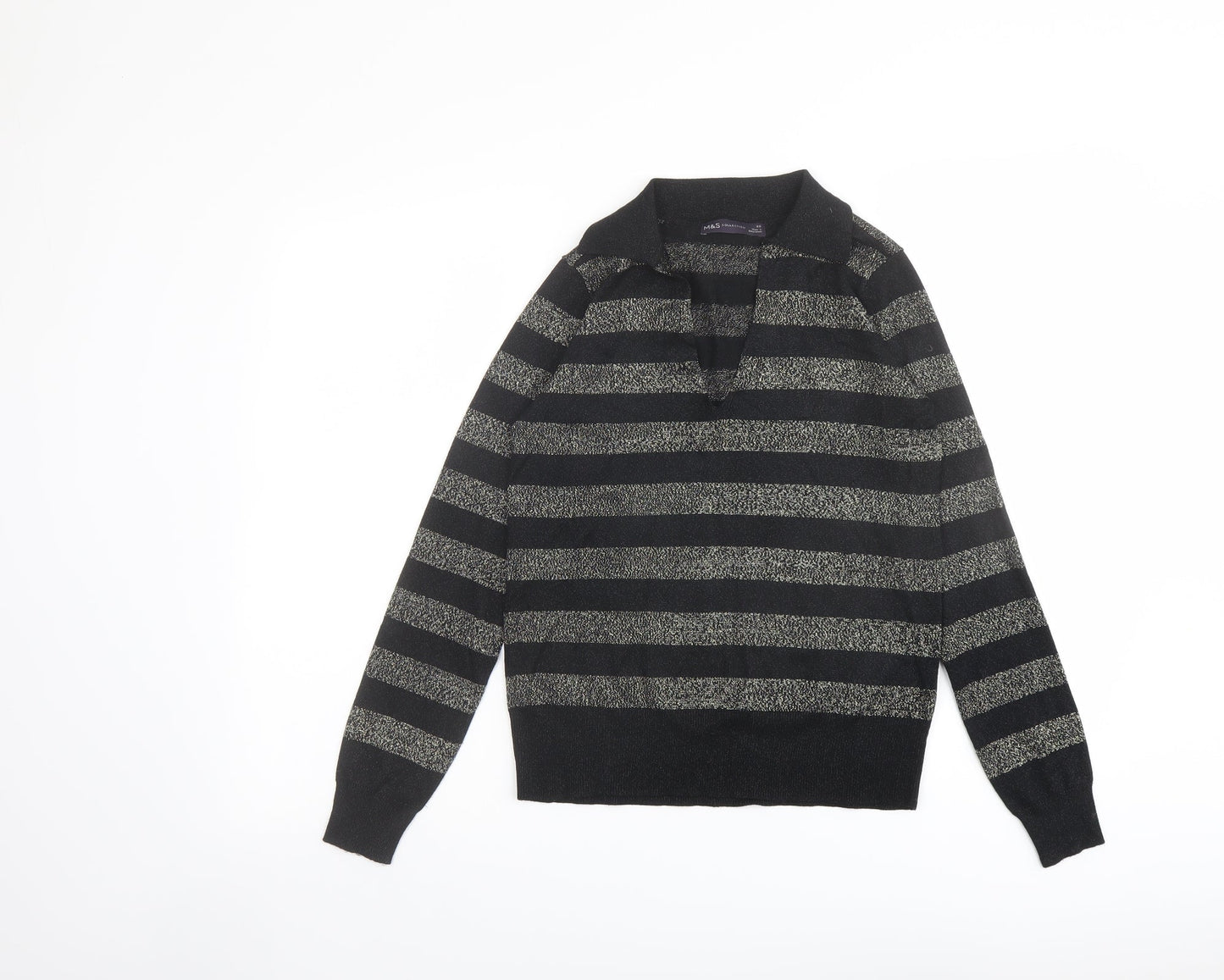 Marks and Spencer Womens Black Collared Striped Viscose Pullover Jumper Size XS