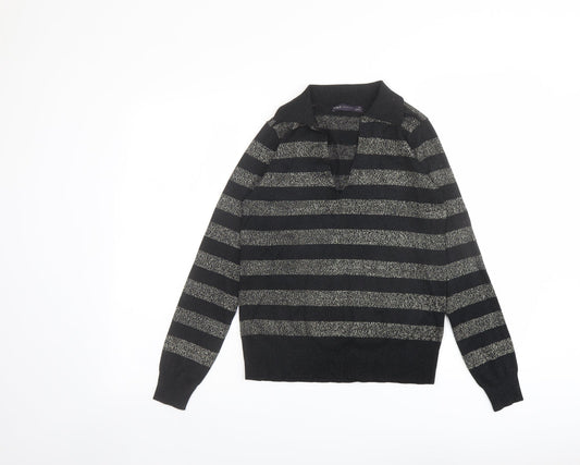 Marks and Spencer Womens Black Collared Striped Viscose Pullover Jumper Size XS