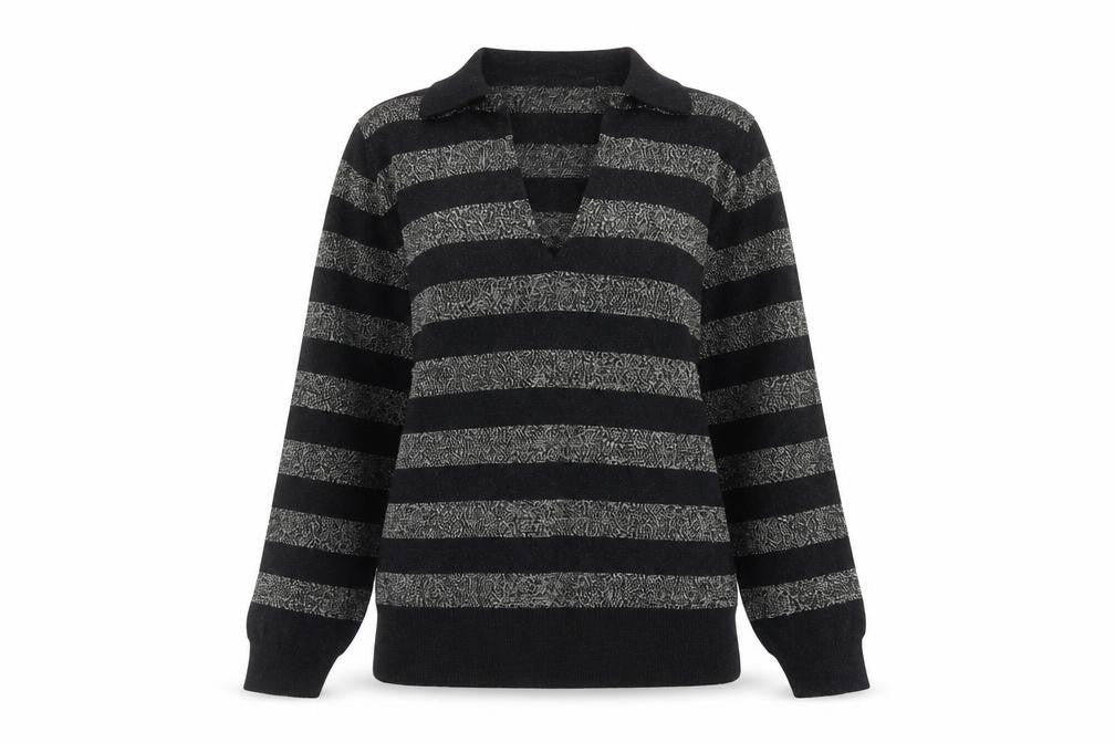 Marks & Spencer Womens Black Collared Striped Viscose Pullover Jumper Size XS