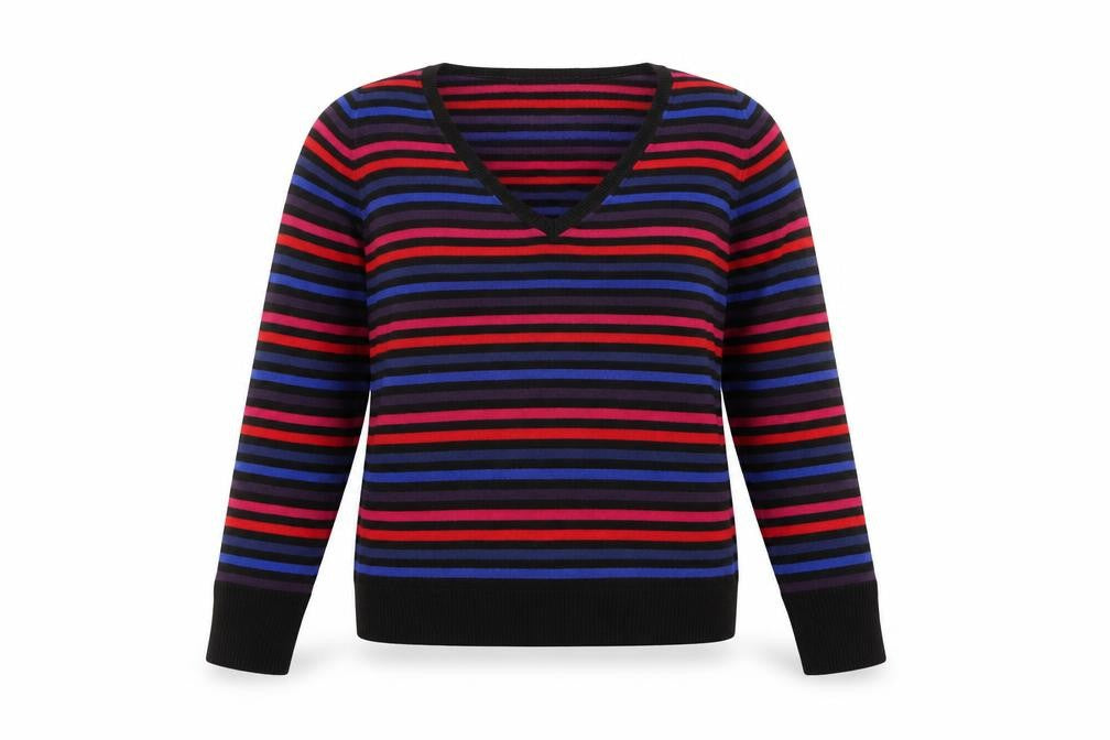 Marks & Spencer Womens Multicoloured V-Neck Striped Acrylic Pullover Jumper Size 14