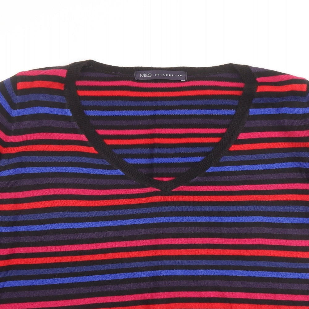 Marks and Spencer Womens Multicoloured V-Neck Striped Acrylic Pullover Jumper Size 14