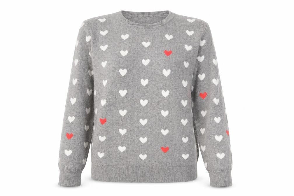 C. Wonder Womens Grey Round Neck Geometric Cotton Pullover Jumper Size M - Heart pattern