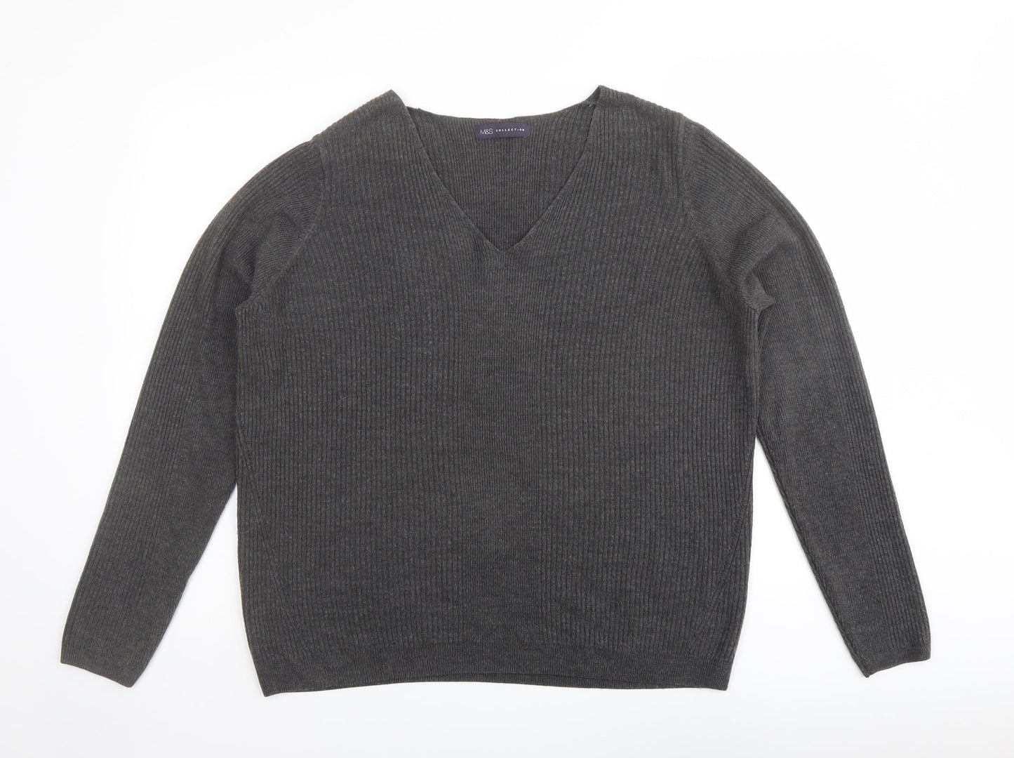 Marks and Spencer Womens Grey V-Neck Acrylic Pullover Jumper Size 18