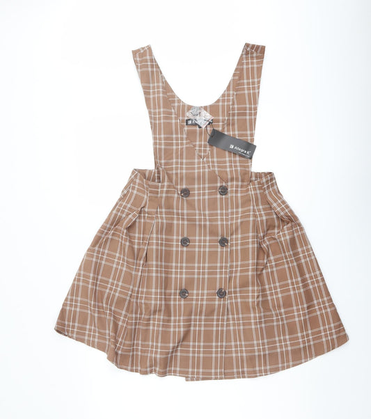 Allegra K Womens Beige Plaid Polyester Pinafore/Dungaree Dress Size S V-Neck Pullover