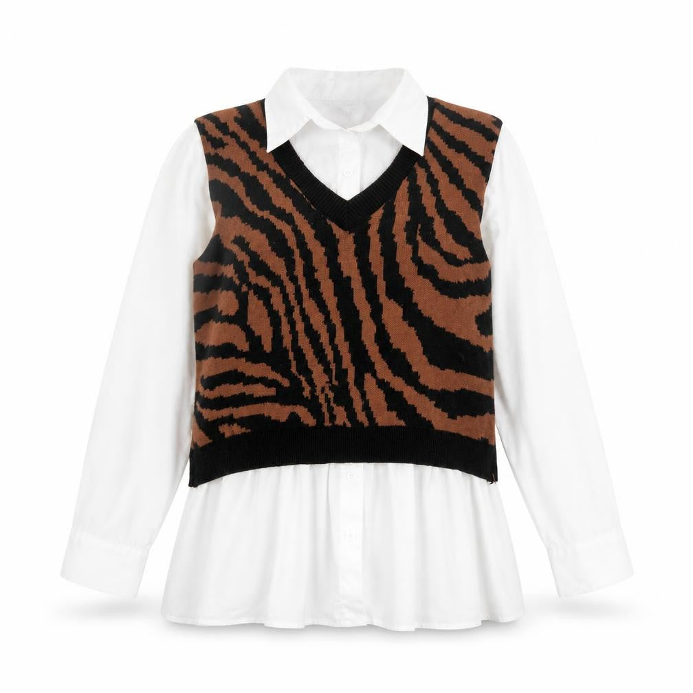 QED London Womens Multicoloured Collared Animal Print Viscose Pullover Jumper Size M - Tiger Pattern