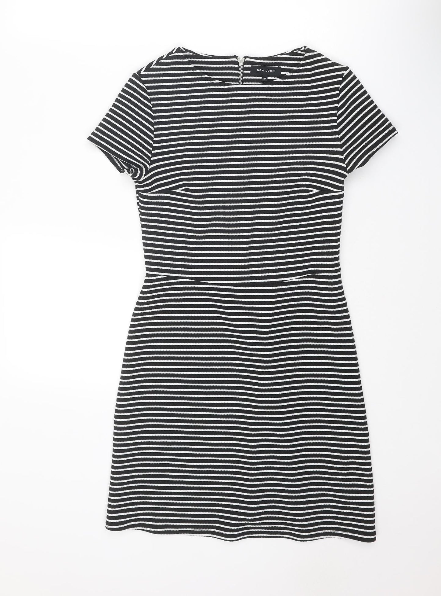 New Look Womens Black Striped Polyester Shift Size 10 Round Neck Zip