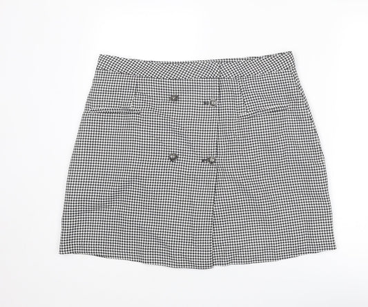 NEXT Womens Black Geometric Polyester A-Line Skirt Size 36 in Button - Houndstooth pattern