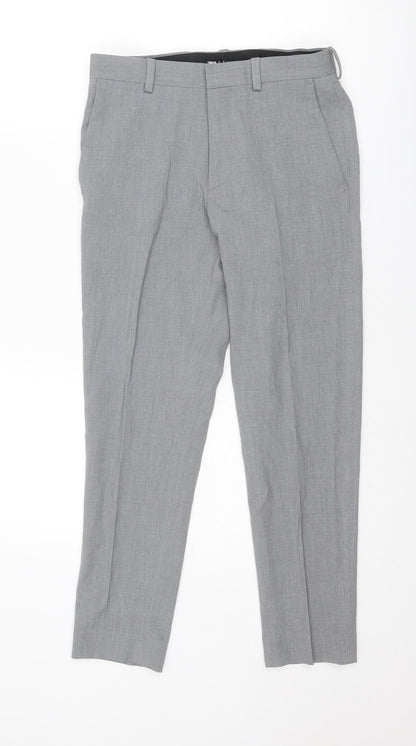 Additional front view of ASOS men’s grey polyester chino trousers, size 30, in, 26-inch leg regular zip