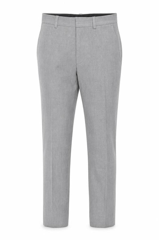 Front view of ASOS men’s grey polyester chino trousers, size 30, in, 26-inch leg regular zip
