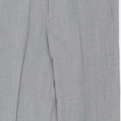 Close-up detail of ASOS men’s grey polyester chino trousers, size 30, in, 26-inch leg regular zip