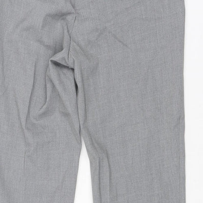 Brand and care label for ASOS men’s grey polyester chino trousers, size 30, in, 26-inch leg regular zip