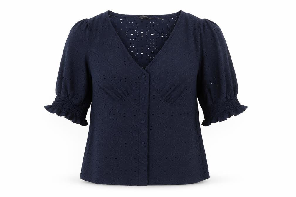 NEXT Womens Blue Polyester Basic Button-Up Size XS V-Neck - Broderie Anglaise