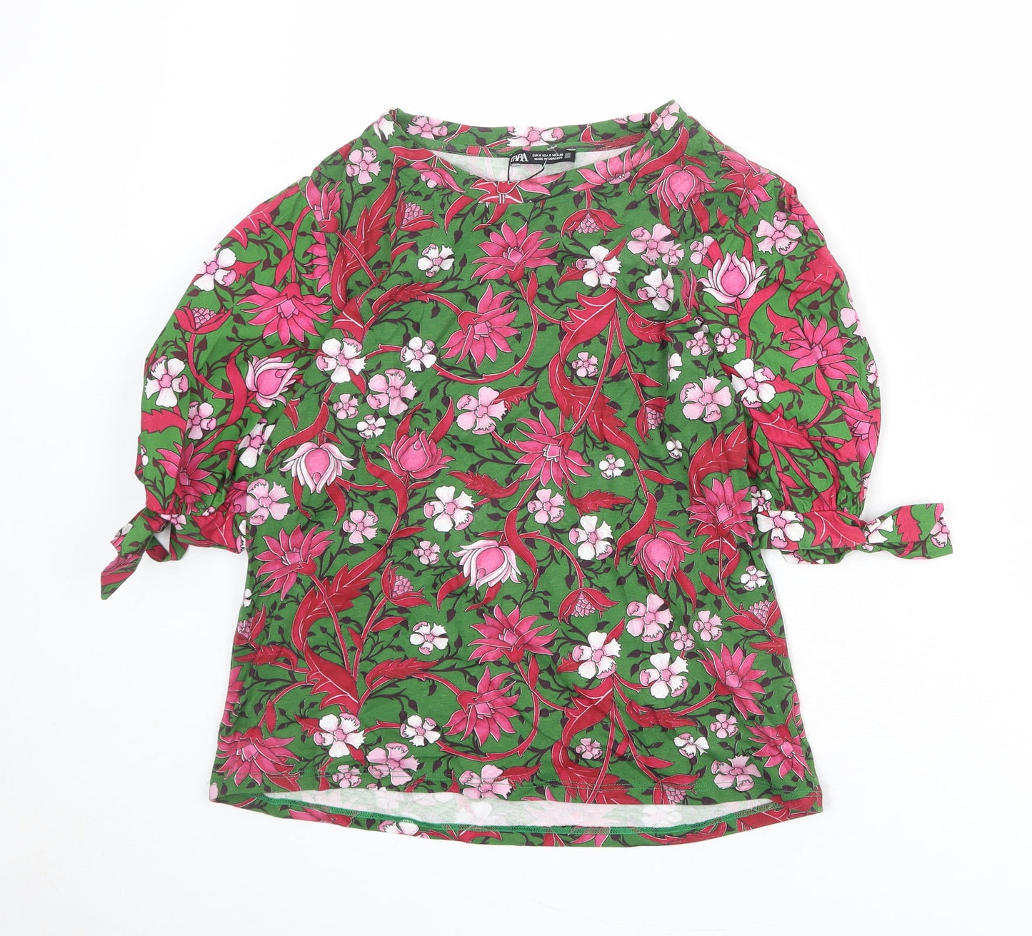 Zara Womens Green Floral 100% Cotton Basic Blouse Size S Round Neck
